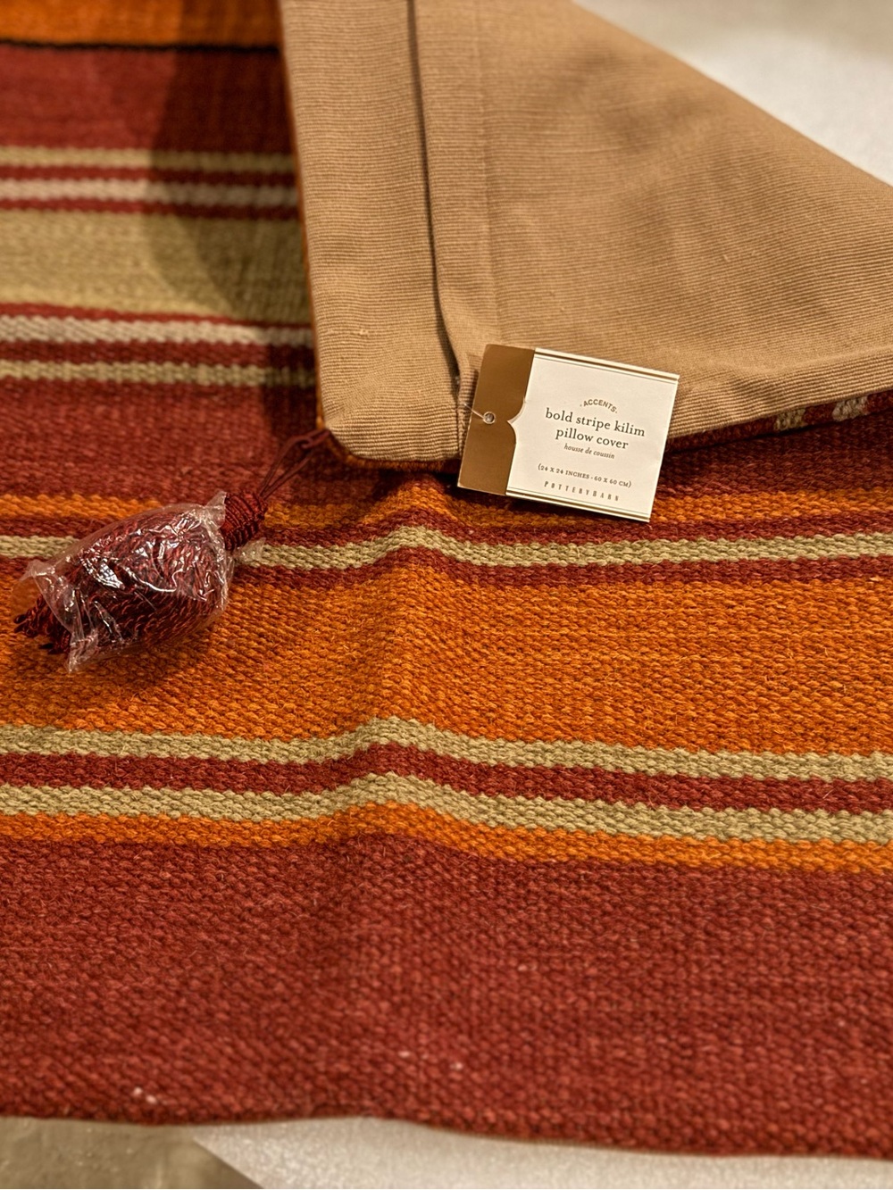 New Pottery Barn Bold Stripe Kilim Pillow Cover, Tassels, 24”, 2012